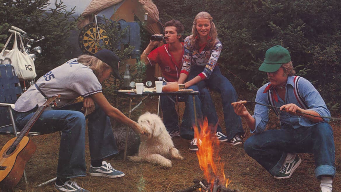 People grilling hot dogs wearing iconic Retro Trim sneakers from the 1970s